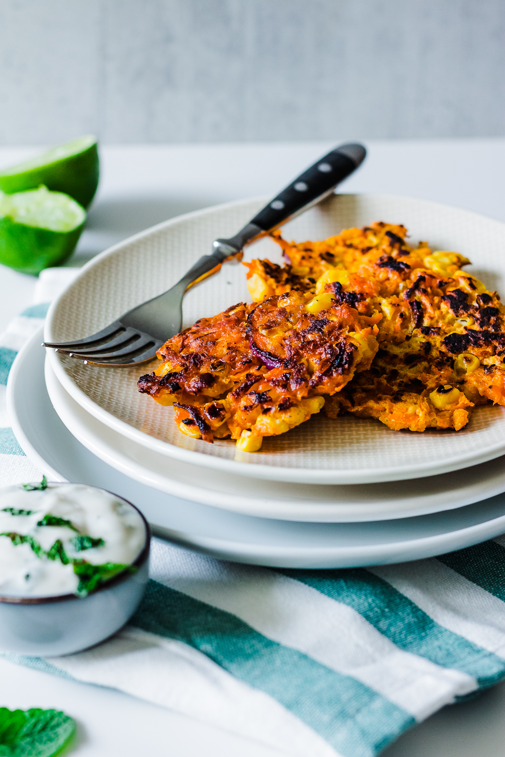 Savory Carrot-Corn Fritter with Mint Dip #vegan #gluten-free #oil-free