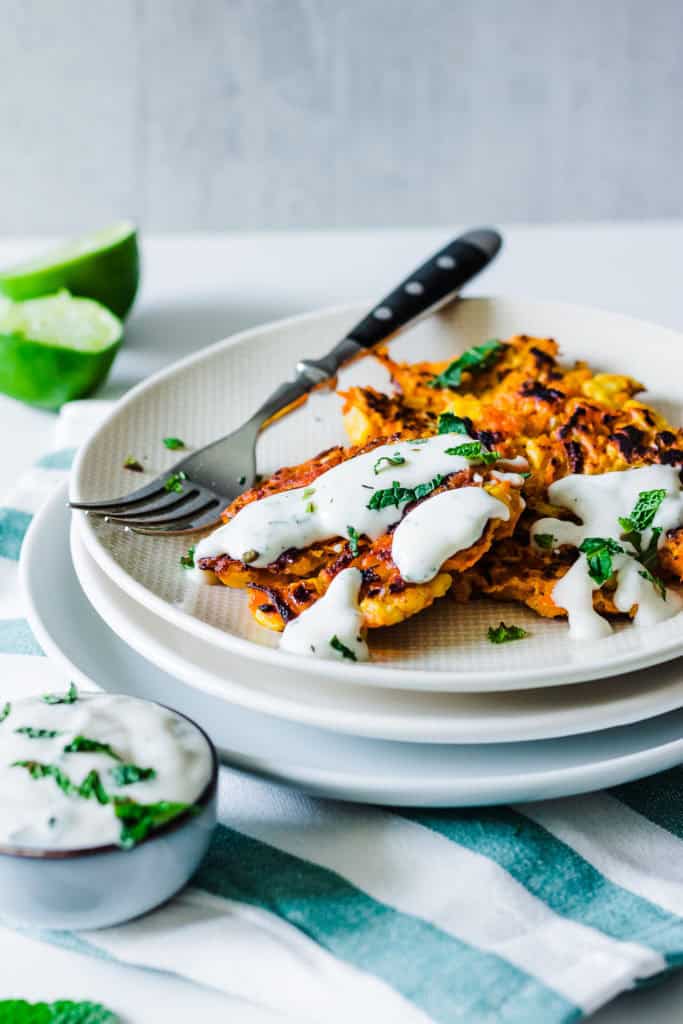 Savory Carrot-Corn Fritter with Mint Dip #vegan #gluten-free #oil-free