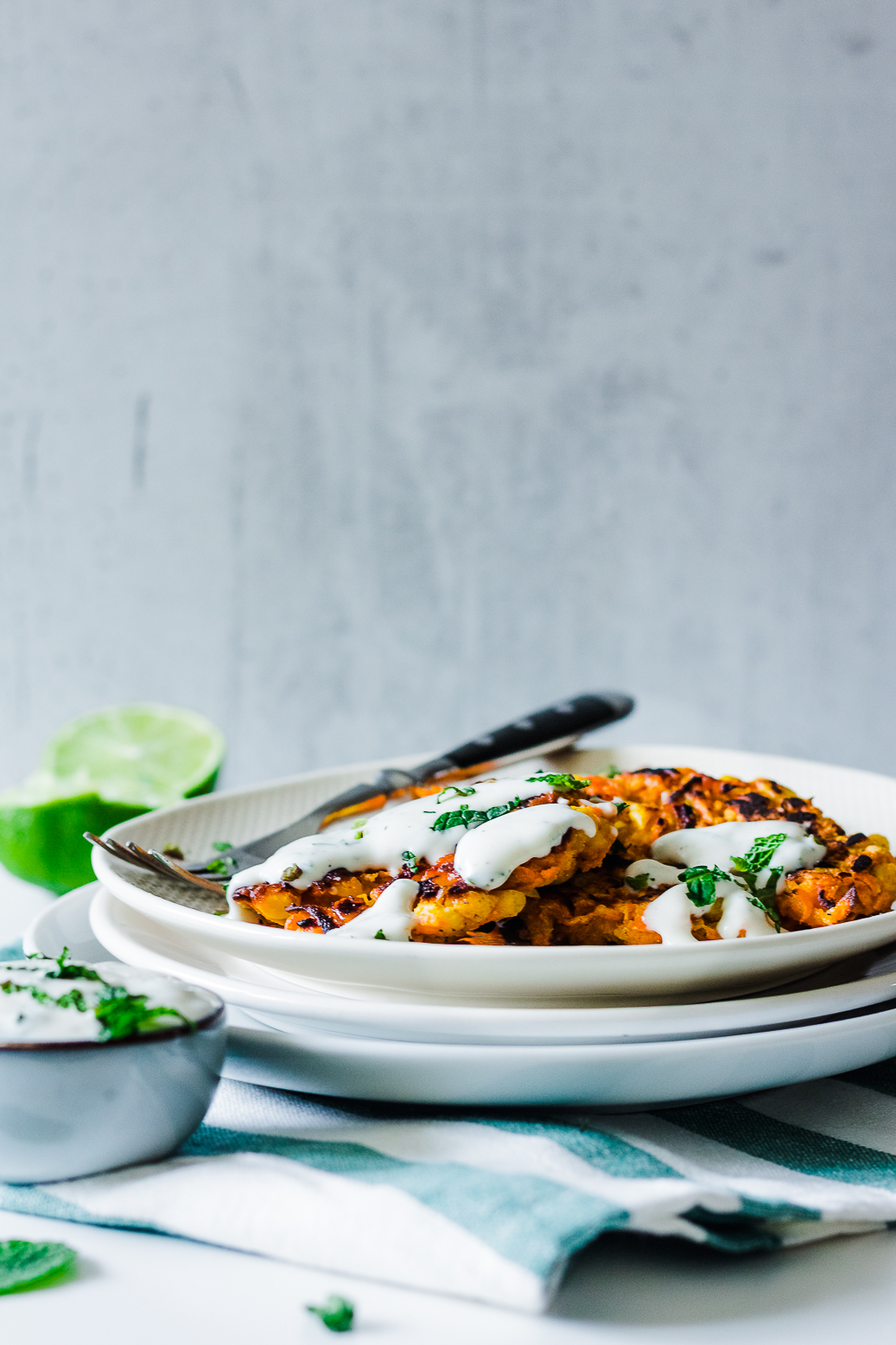 Savory Carrot-Corn Fritter with Mint Dip #vegan #gluten-free #oil-free