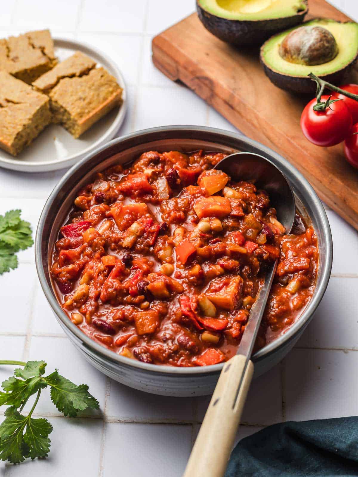 vegetarian bean chili with cocoa and sweet potatoes
