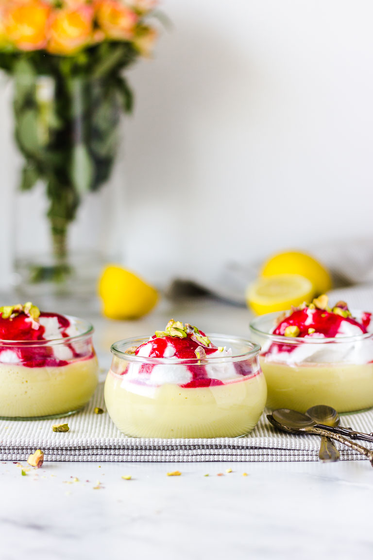 Vegan Lemon Dessert with Whipped Coconut Cream and Raspberry Sauce #vegan#dessert#gluten-free
