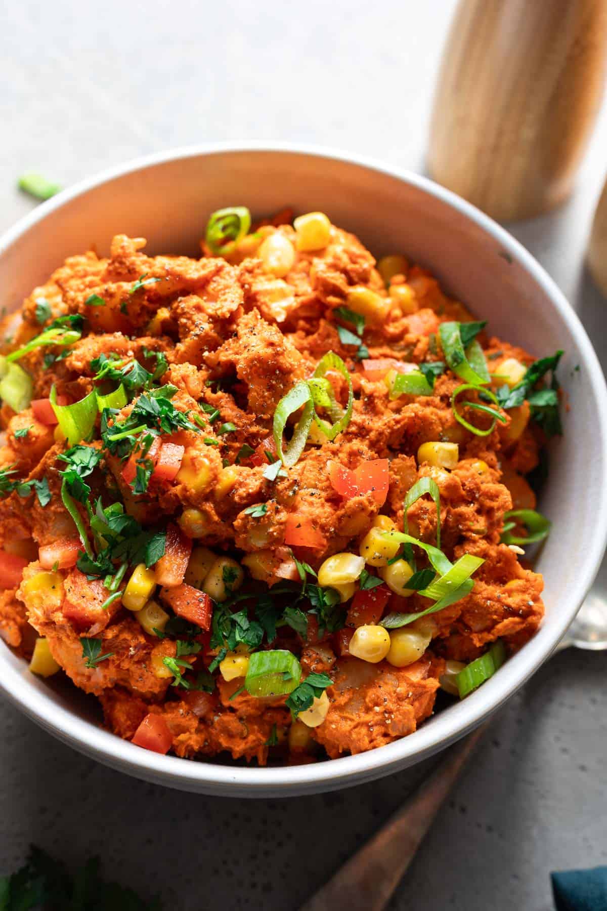 roasted pepper potato salad with corn, scallions