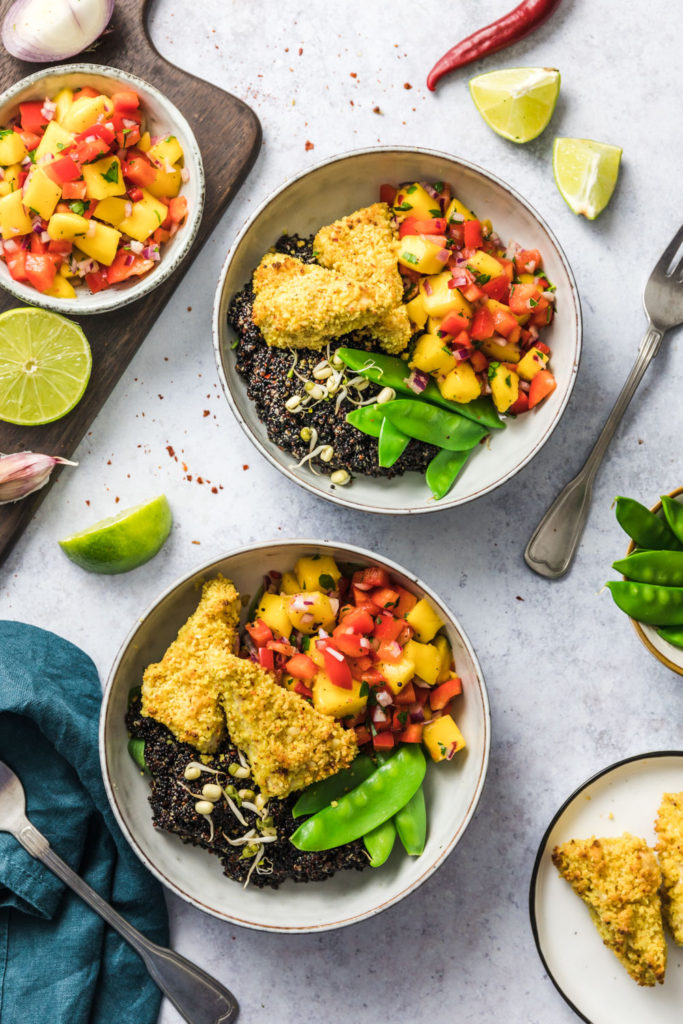 Quinoa Bowl with macadamia tofu and mango salsa