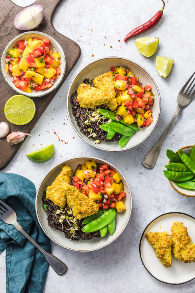 Quinoa Bowl with macadamia tofu and mango salsa