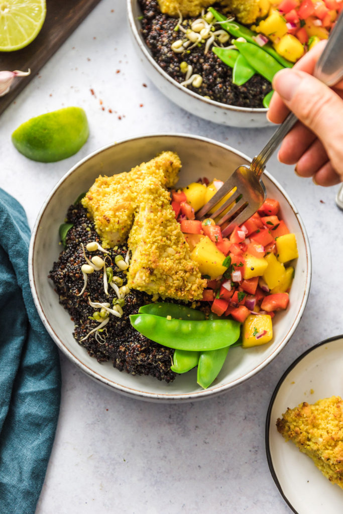 Quinoa Bowl with macadamia tofu and mango salsa