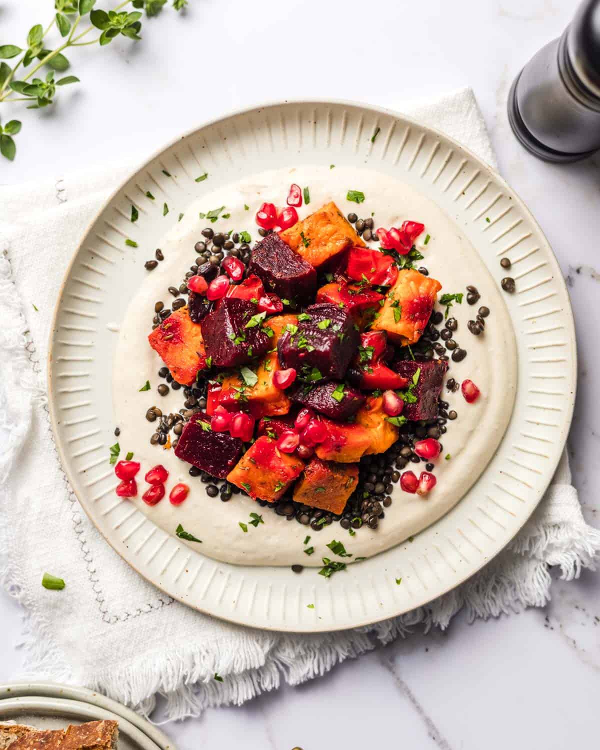 no oil roasted vegetables on tahini dip with lentils