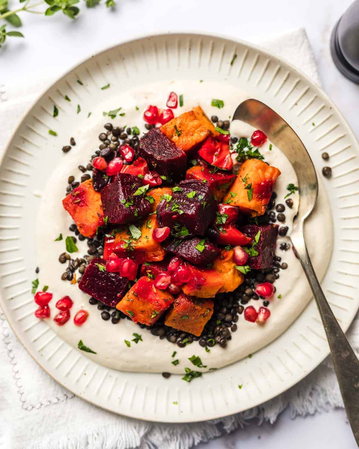vegan yogurt tahini sauce with roasted vegetables