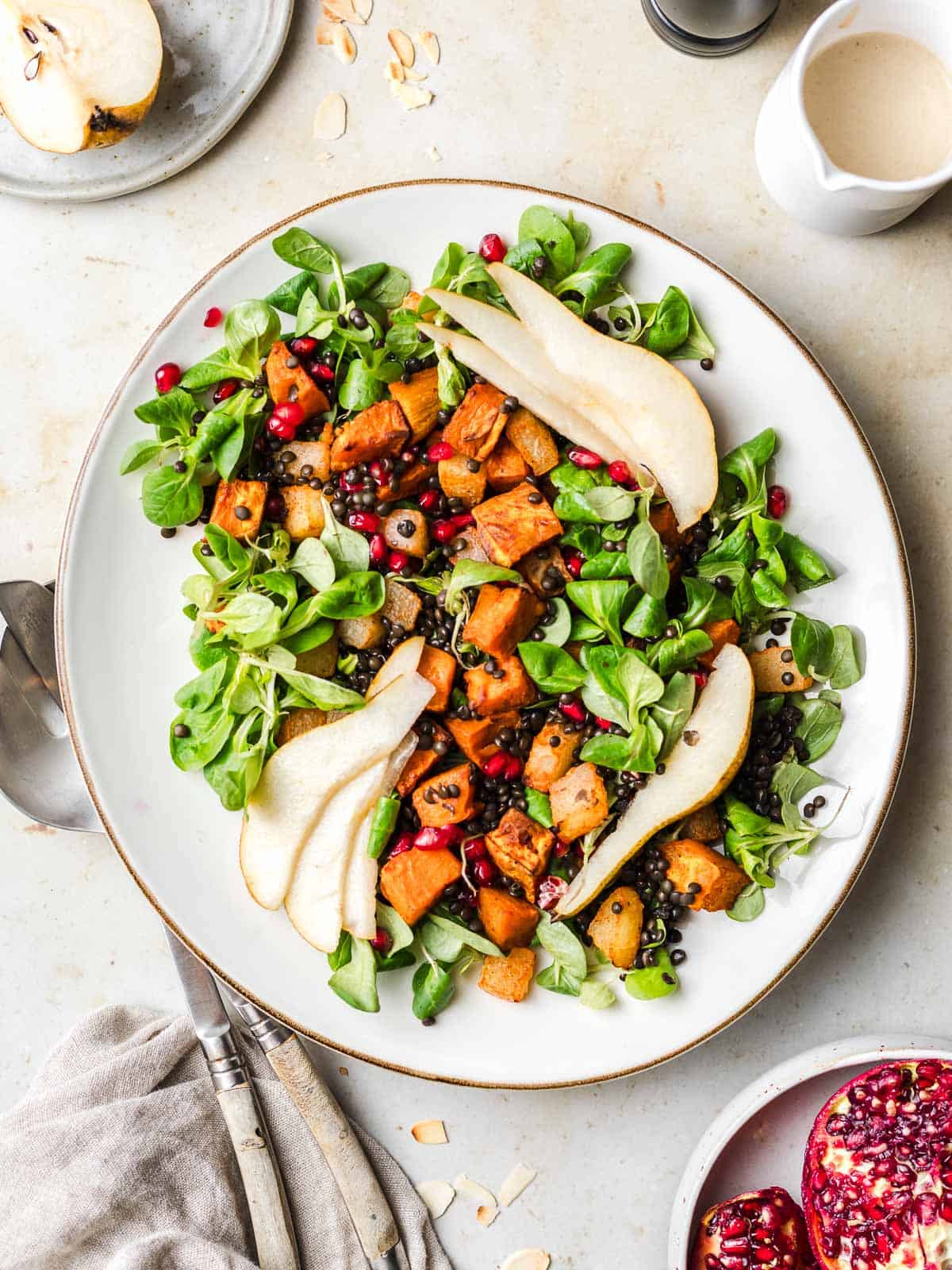 mache salad with roasted vegetable and pears