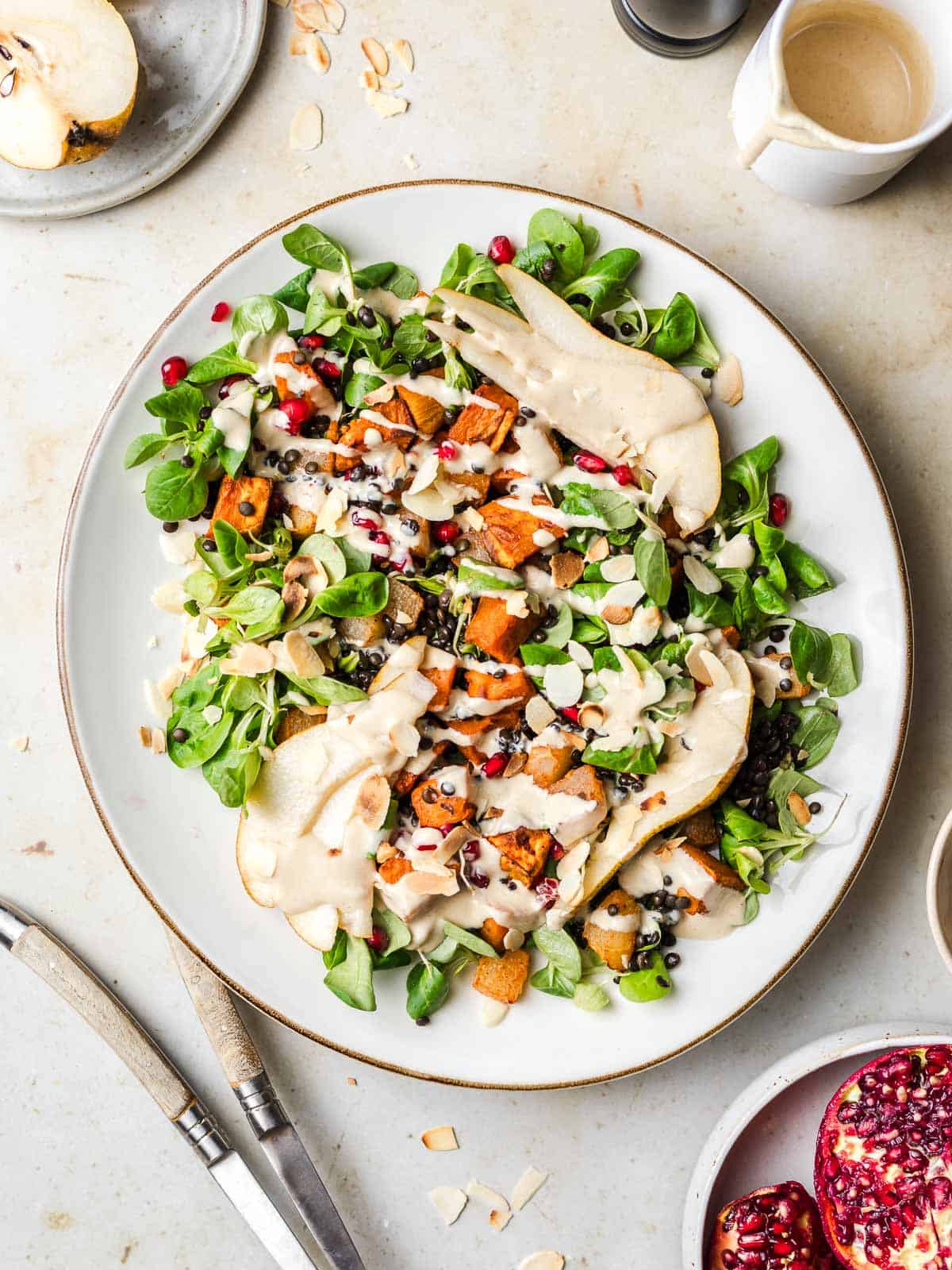 vegan sweet potato lentil salad with pears