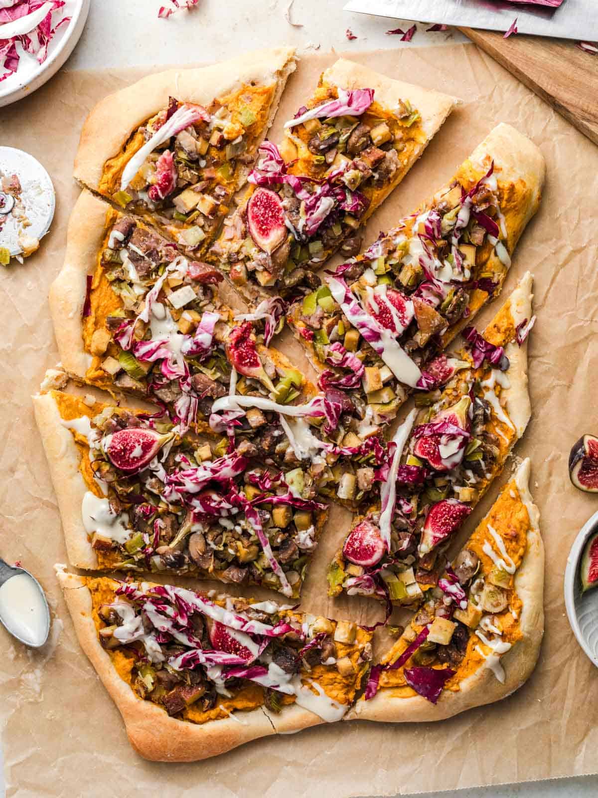 healthy low-fat pizza with pumpkin cream and tofu