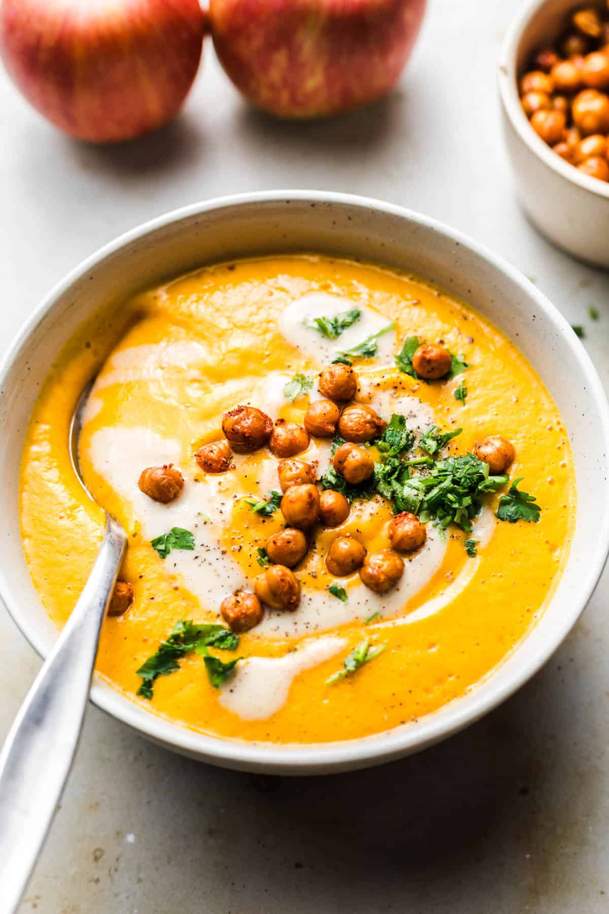 vegan appple carrot soup with roasted chickpeas
