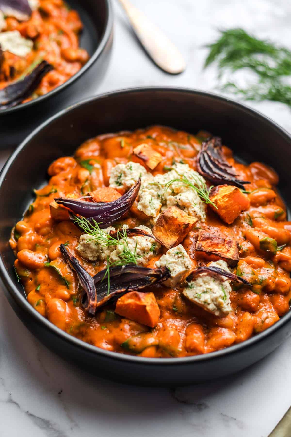 roasted sweet potatos on creamy beans