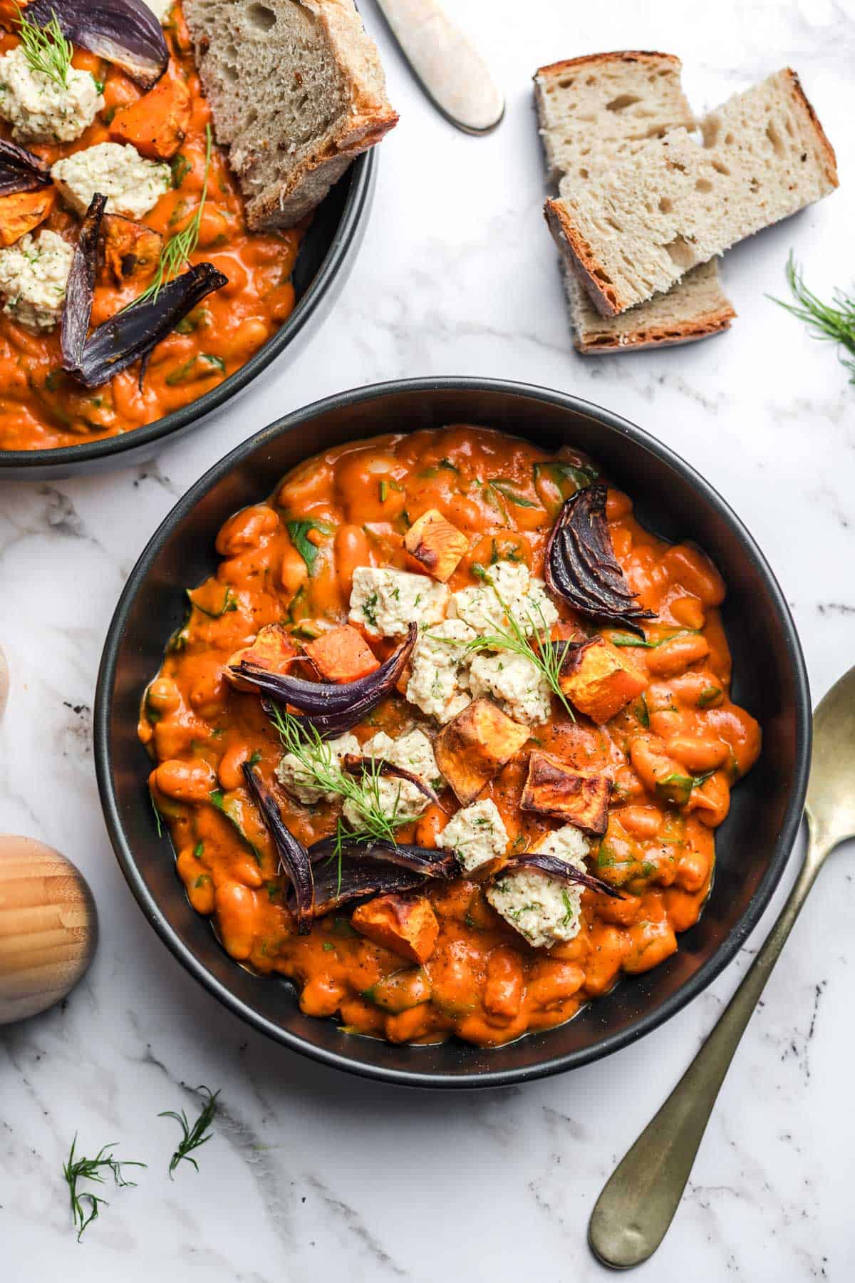 vegan white bean bowl with sweet potato and tofu feta