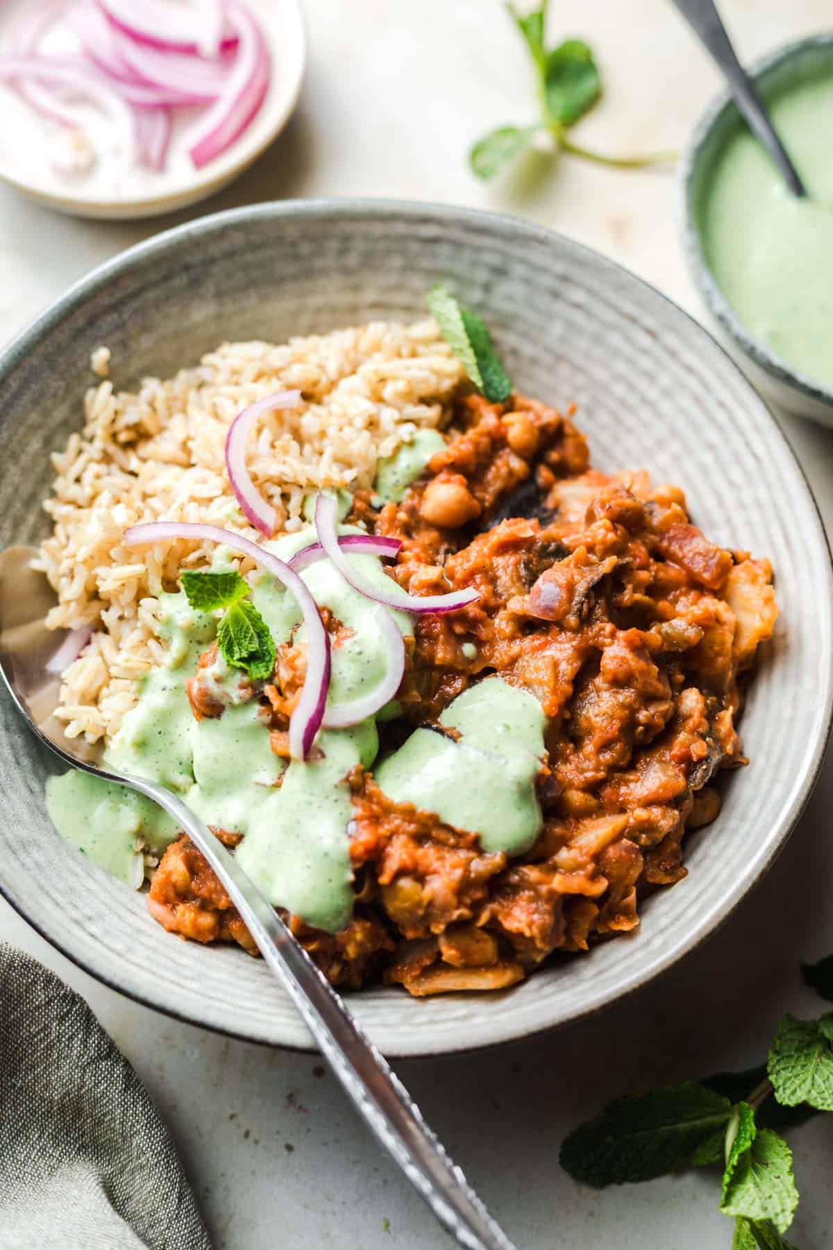 vegan eggplant chickpea stew with mint sauce