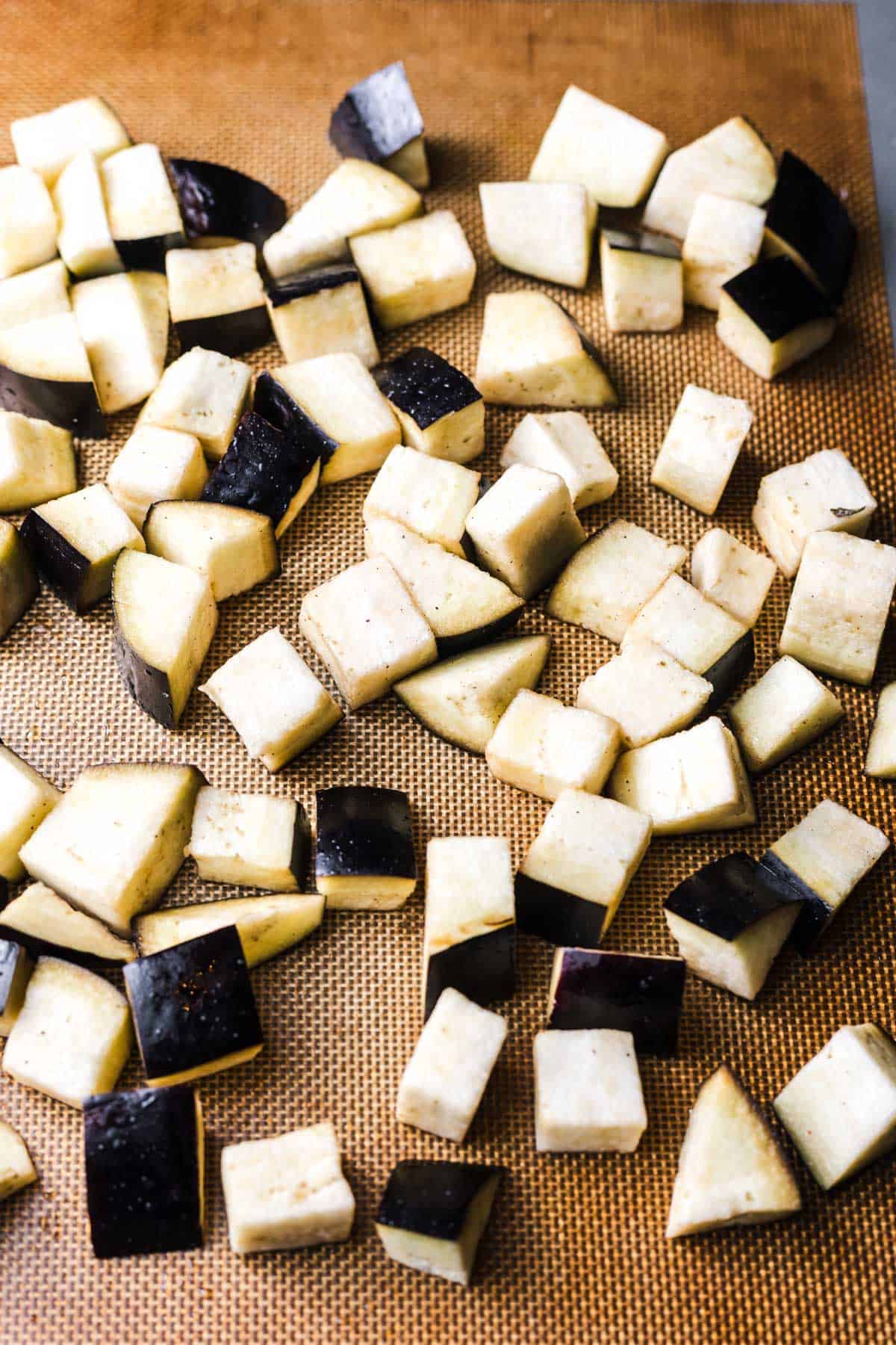 diced eggplant on tray
