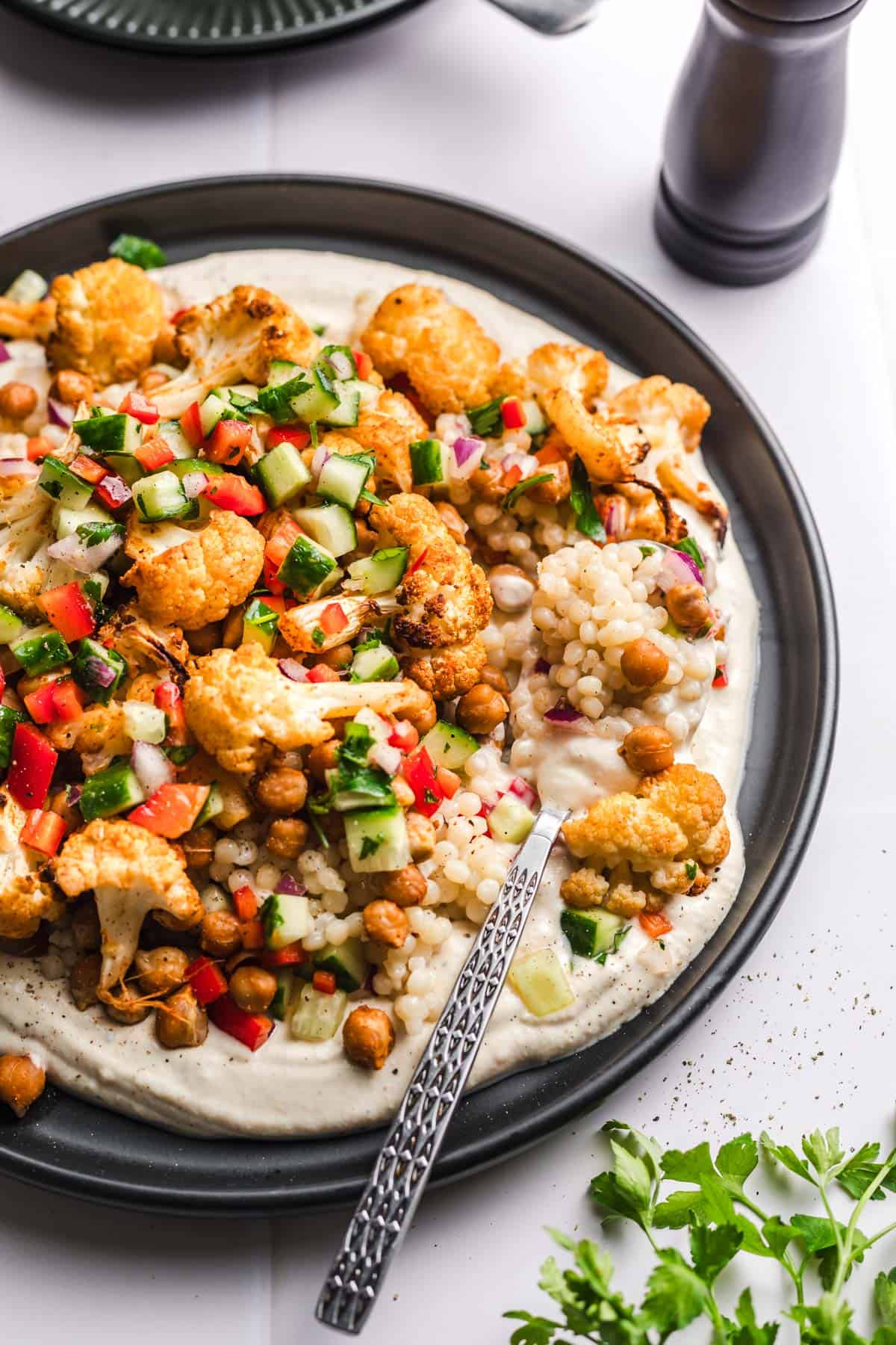 roasted vegetable grain bowl with tahini