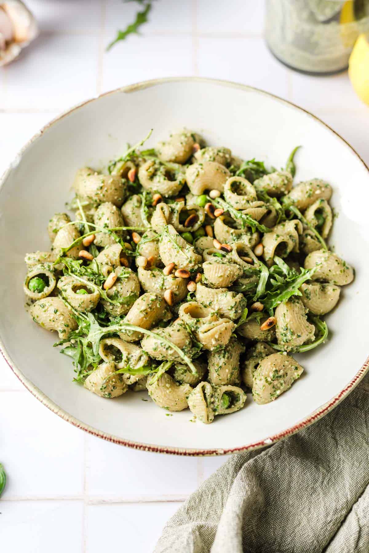 no oil vegan pesto pasta with pine nuts