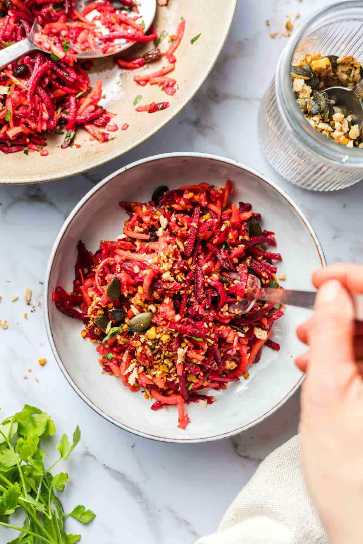 healthy vegan beet and carrot salad with nuts and no oil