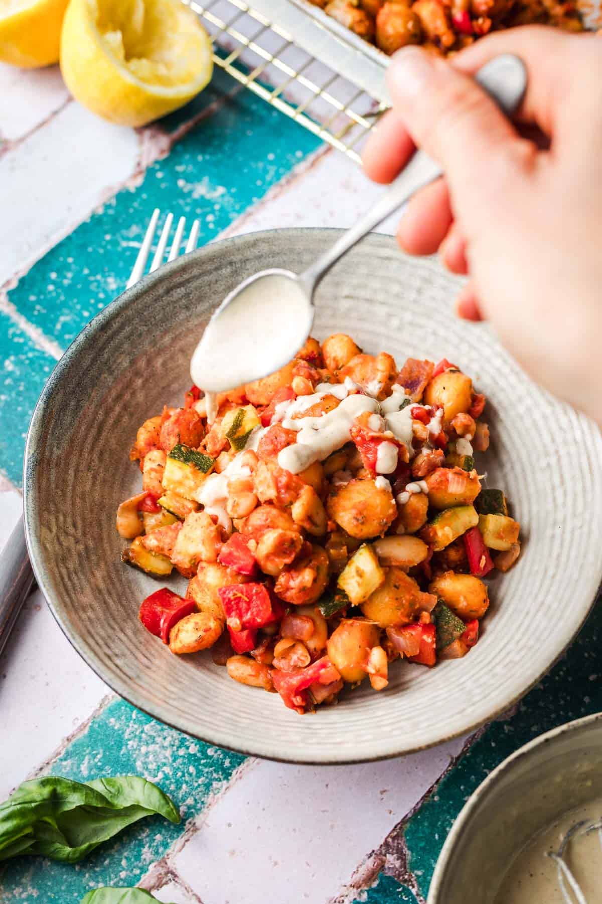 vegan gnocchi tray bake with tahini drizzle
