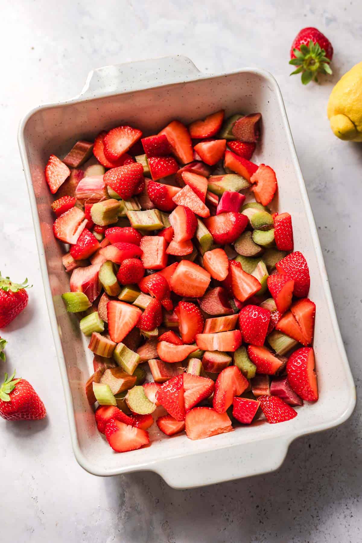 Rhubarb and strawberries in a baking dish