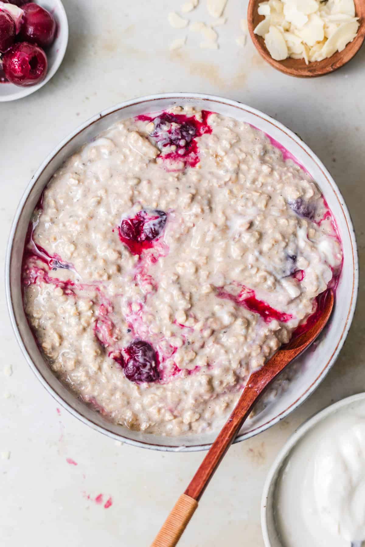 creamy vegan protein overnight oats with banana and cherries