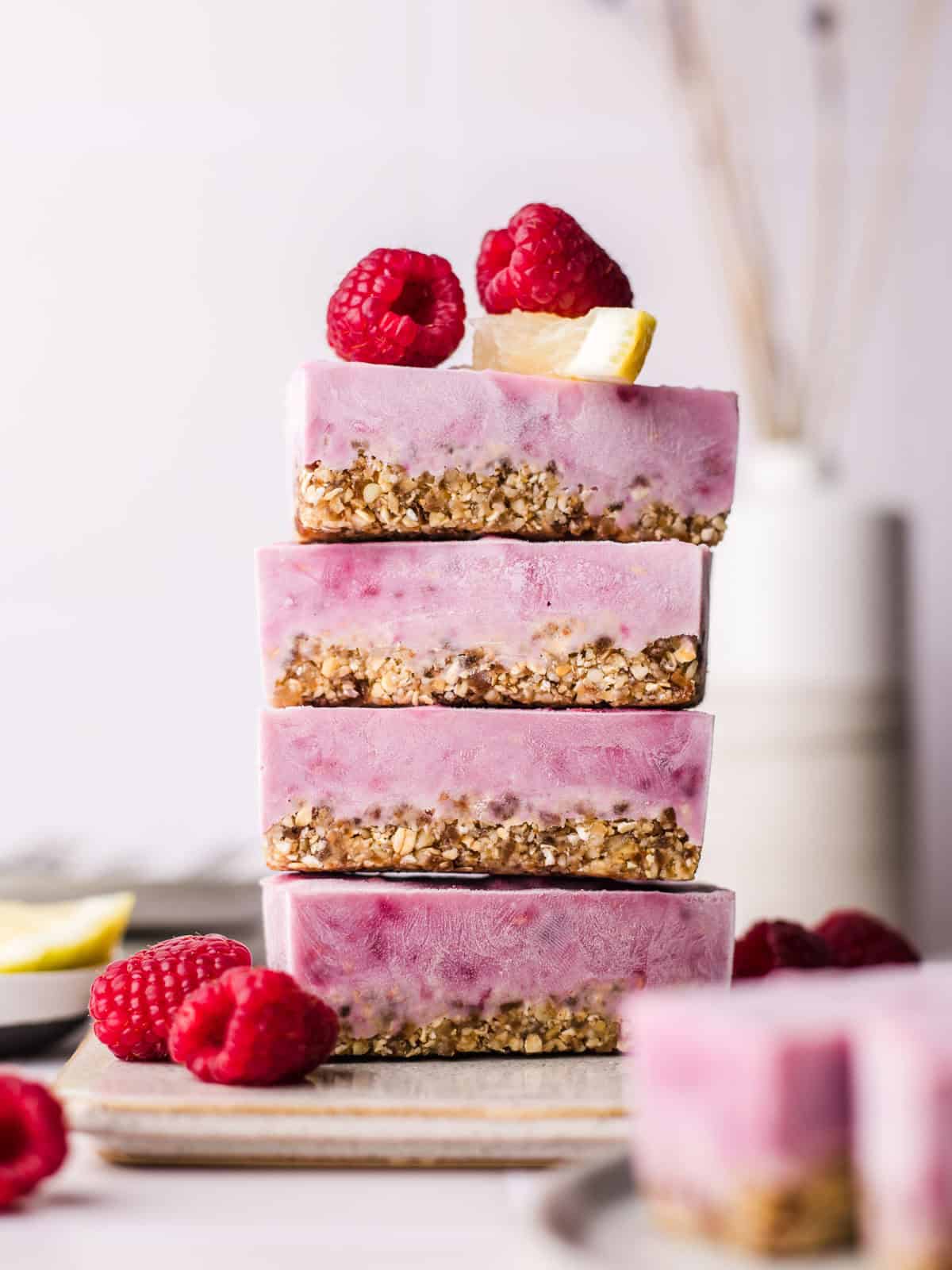 Vegan frozen yogurt bars with raspberries and lemon