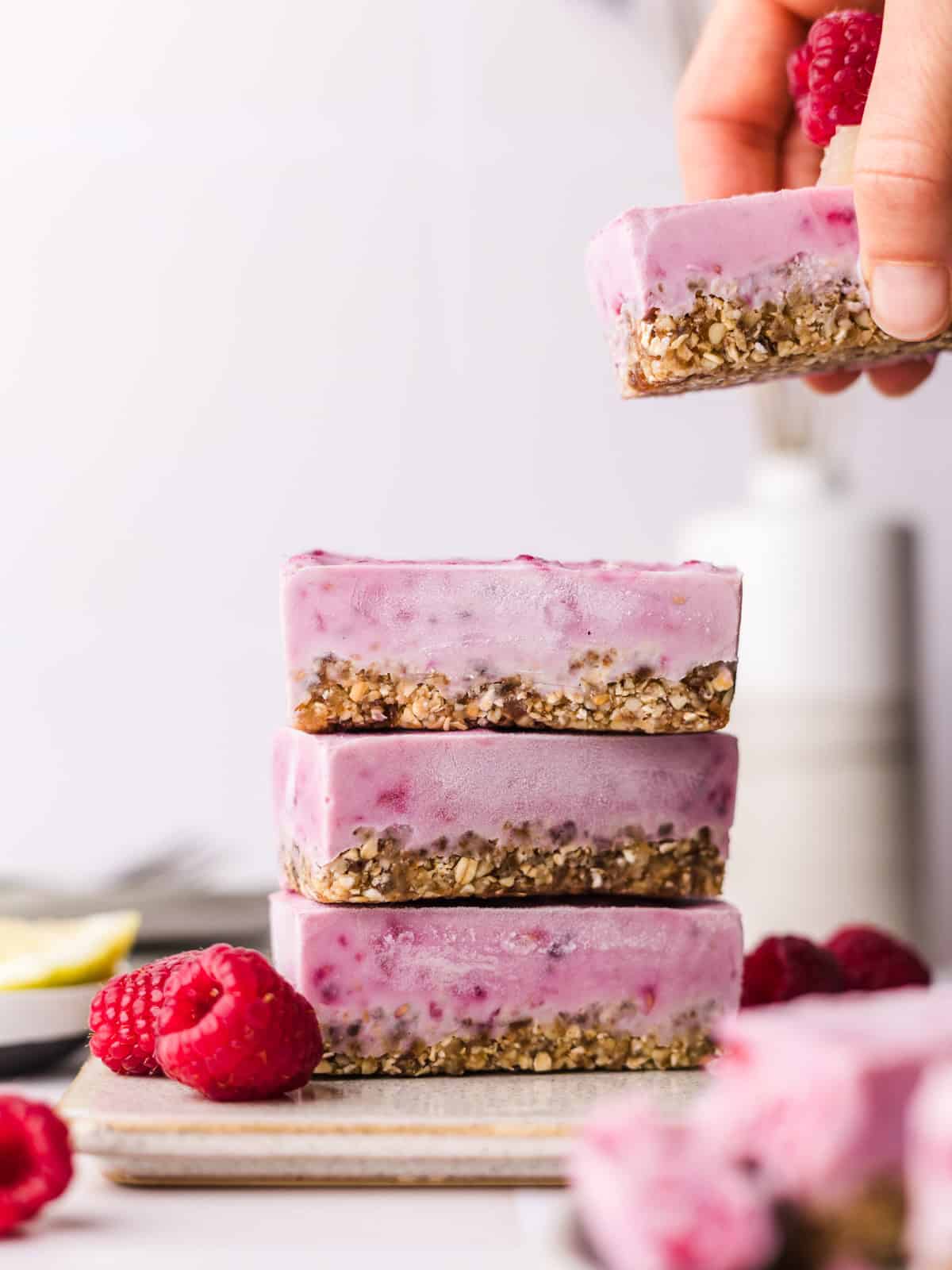 Healthy vegan raspberry yogurt bars with lemon