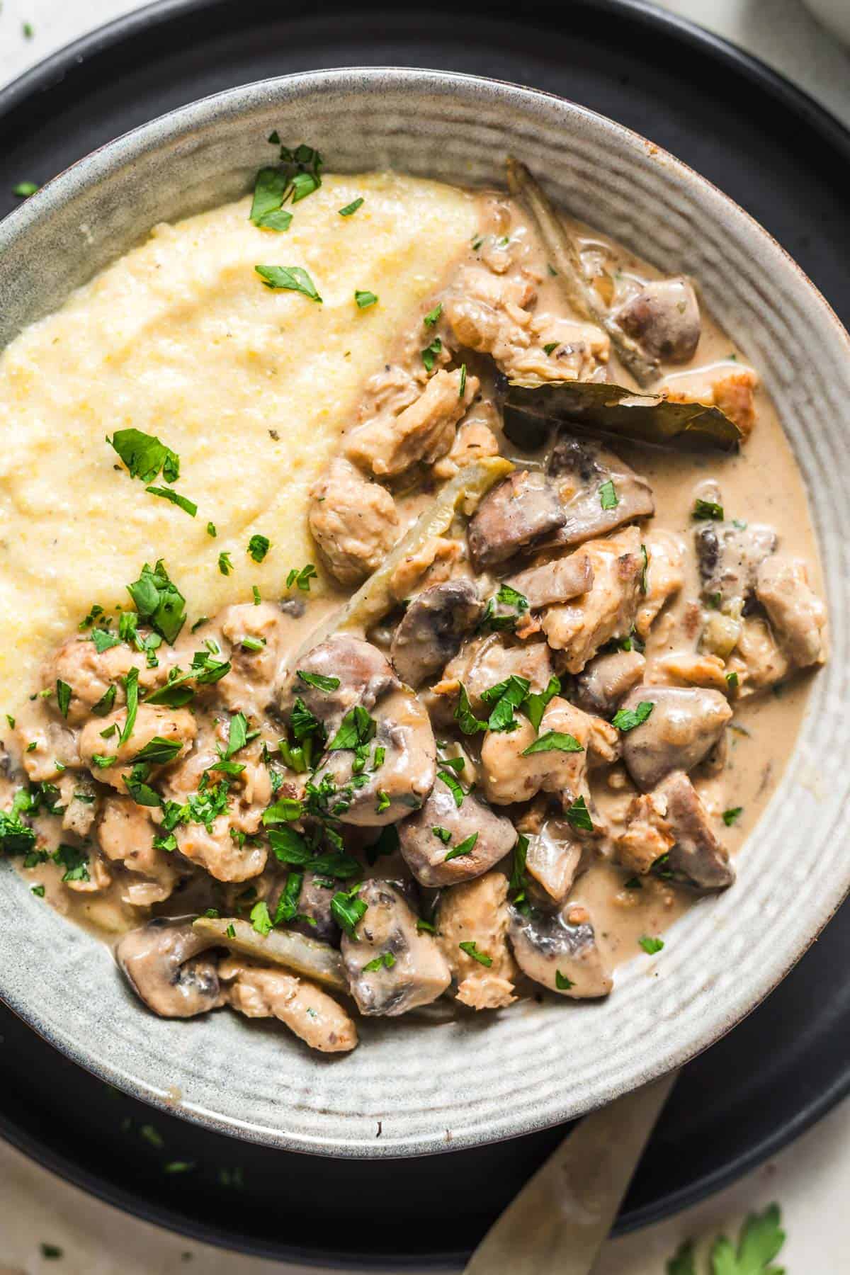 one pot vegan mushroom stroganoff on polenta