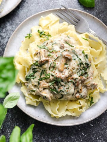 Pasta with chard and chanterelles in vegan cream sauce