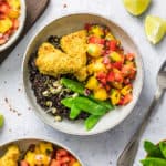 Quinoa Bowl with macadamia tofu and mango salsa