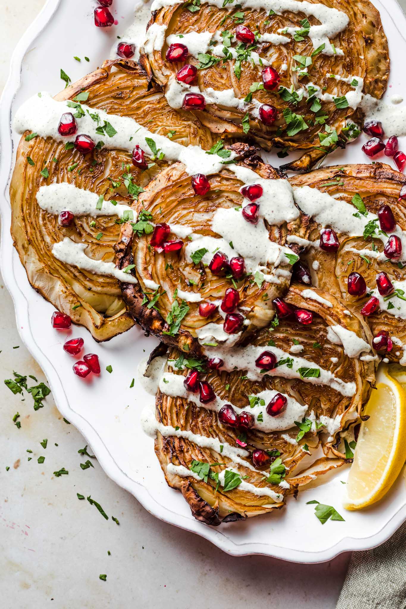 vegan roasted cabbage with oil-free hemp sauce