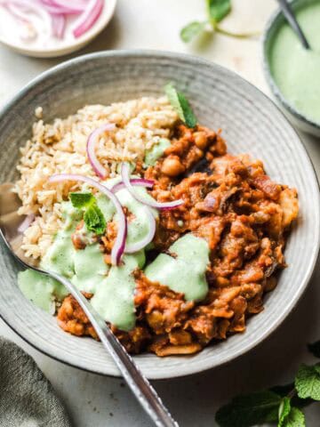 vegan eggplant chickpea stew with mint sauce