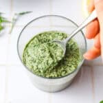 homemade vegan arugula pesto with basil and pine nuts