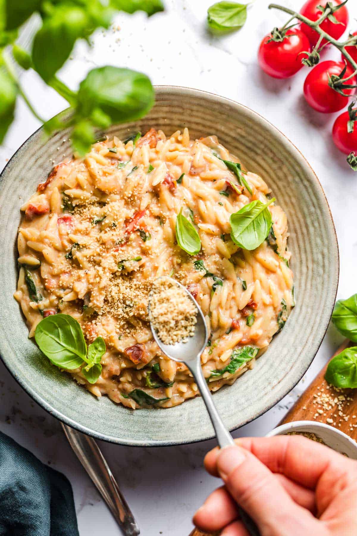 healthy dairy-free tomato risoni pasta dish