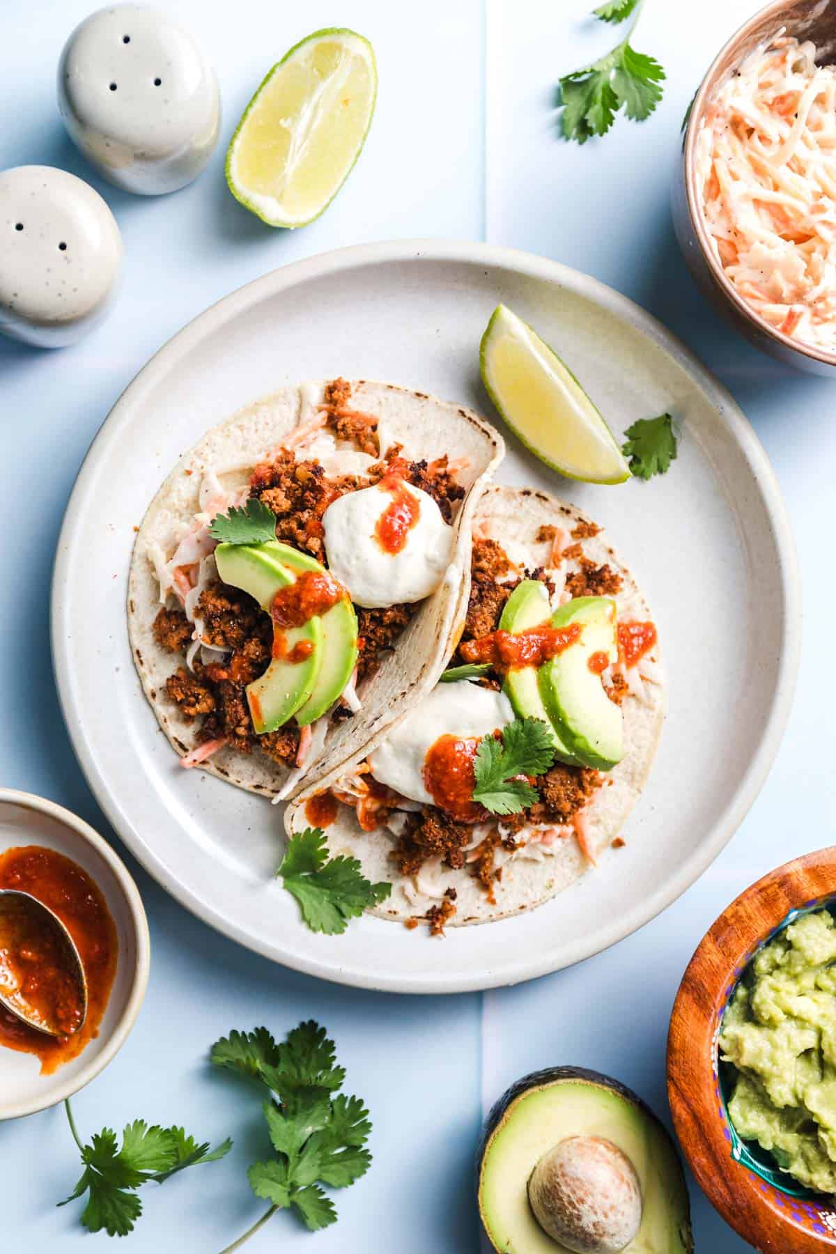 whole food vegan tacos with cauliflower walnut meat and creamy coleslaw
