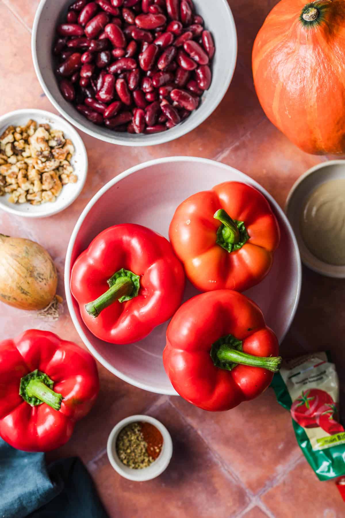 Ingredients for vegan stuffed peppers with pumpkin