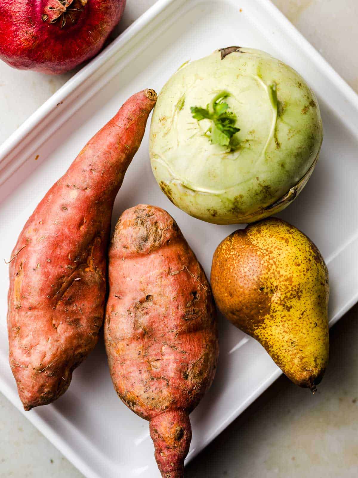 süßkartoffel kohlrabi birne und granatapfel