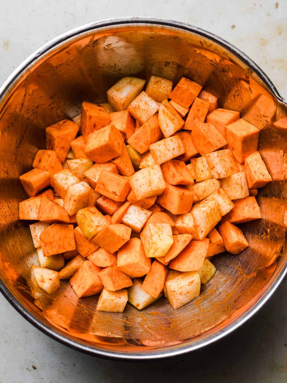 marinierte sü0kartoffel und kohlrabi würfel