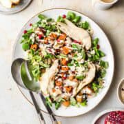 Süßkartoffelsalat mit Tahinsoße und linsen