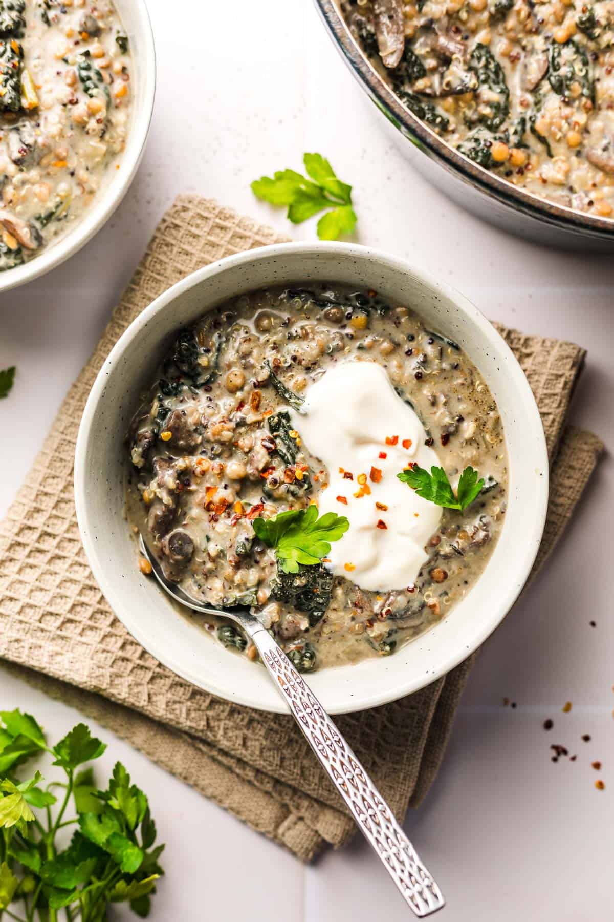 vegane pilzsuppe mit linsen und quinoa