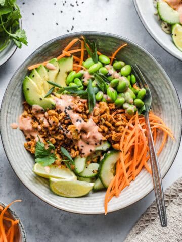 vegane tempeh gemüse bowl mit reis