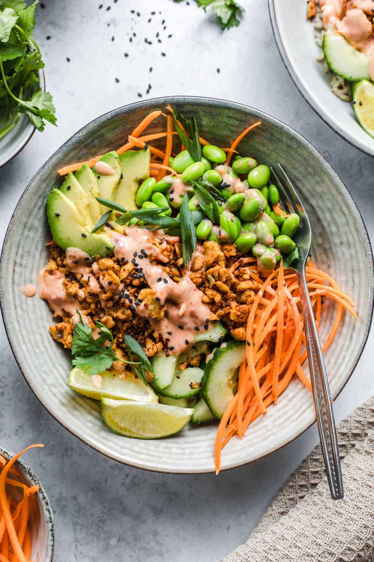 vegane tempeh gemüse bowl mit reis