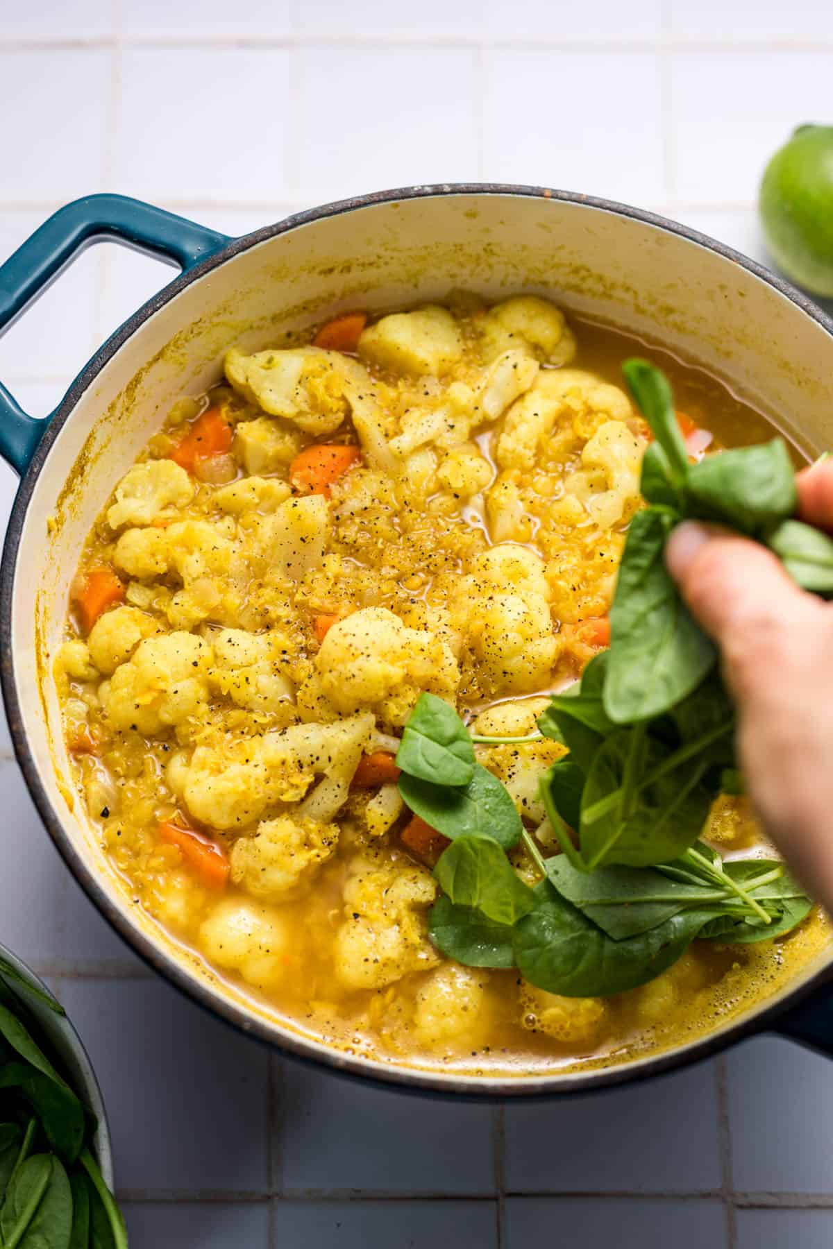 suppe mit gemüse und frischem spinat